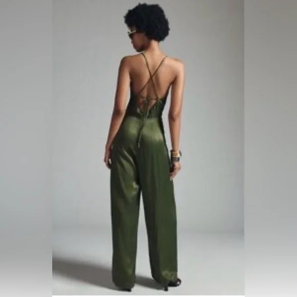 Anthropology Satin Green Jumpsuit Size 8 Wide Leg Strappy Back Elegant Evening